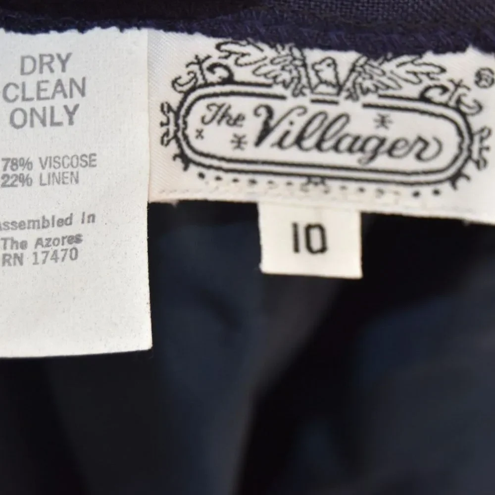 Vintage 80s 90s The Villager Navy Viscose Linen Midi Skirt NOS Size 10